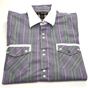 Stacy Adams Mens 4XL Long Sleeve Shirt Purple & Green Checkered White Accents